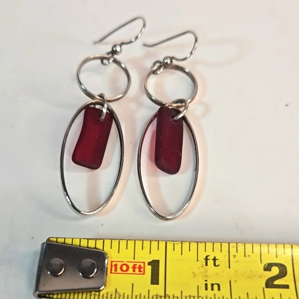 Silver & Sea Glass Elegant Drop Earrings Big Sur Dark Pink NWT